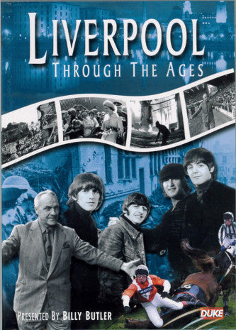 Front cover of Liverpool through the ages DVD, showing a collage of different historical Liverpool photographs.