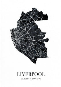 Map of Liverpool city in black with Liverpool and the city's coordinates below