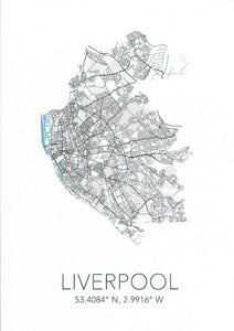 Map of Liverpool city in white with Liverpool and the city's coordinates below