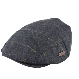 Wool flat cap in a dark blue, with some subtle yellow check