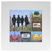 Load image into Gallery viewer, Square art print showing several paintings of the Beatles and scenes from their iconic songs, all painted with abstract flowers