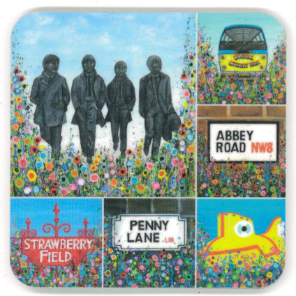 Coaster with a montage of paintings relating to the Beatles and Liverpool, all surrounded by an abstract floral print.