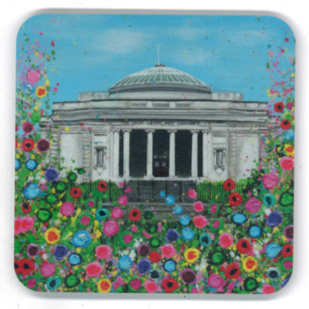 Coaster with a painting of the Lady Lever Art Gallery surrounded by abstract flowers