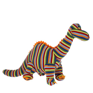 Knitted diplodocus soft dinosaur toy in red, blue, orange and green stripes