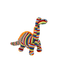 Load image into Gallery viewer, Knitted diplodocus soft dinosaur toy in red, blue, orange and green stripes