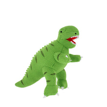 Load image into Gallery viewer, Plush knitted green Tyrannosaurus Rex toy, with felt teeth and dark green stripes
