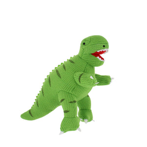 Plush knitted green Tyrannosaurus Rex toy, with felt teeth and dark green stripes
