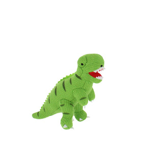 Plush knitted green Tyrannosaurus Rex toy, with felt teeth and dark green stripes