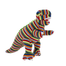 Load image into Gallery viewer, Knitted T Rex toy in multi-coloured stripes