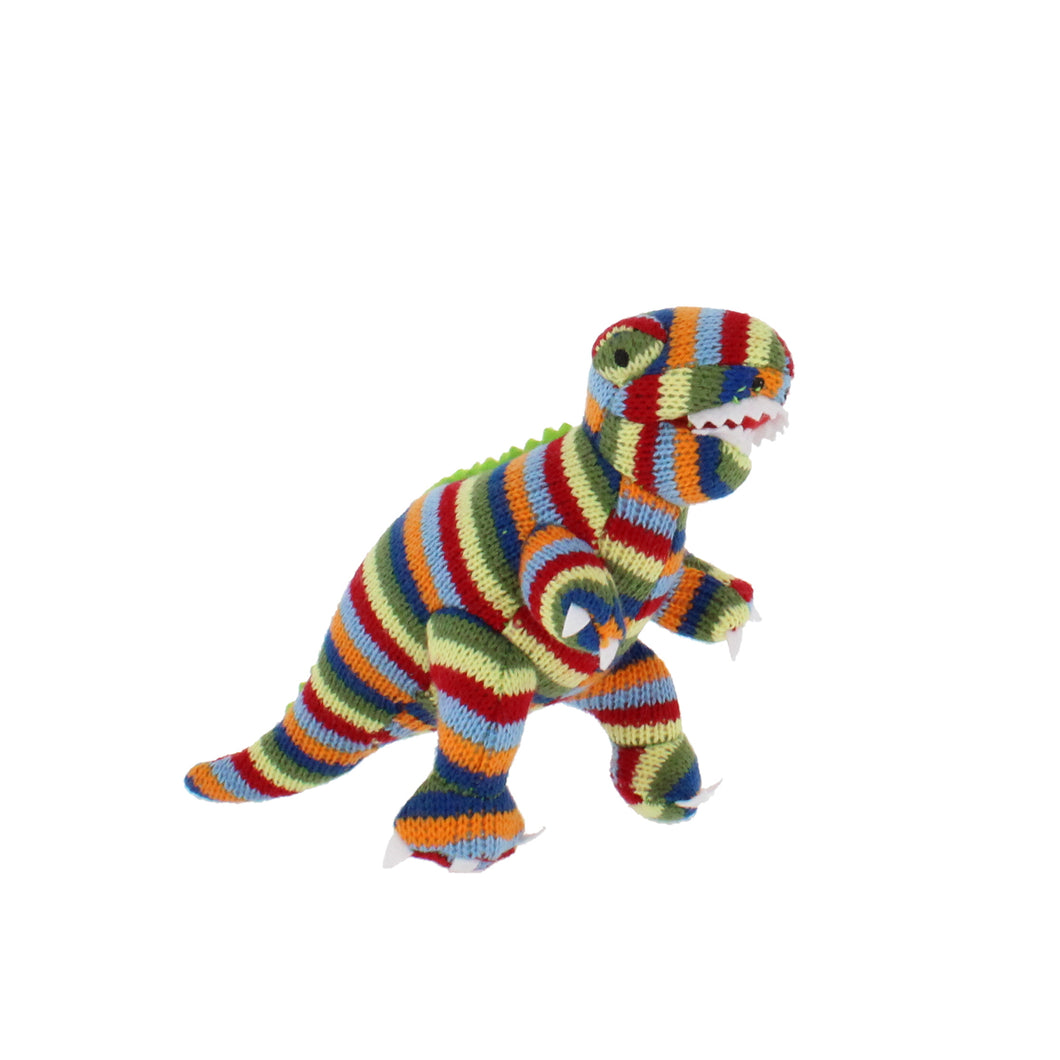 Knitted dinosaur rattle, in multi-coloured stripes