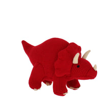 Load image into Gallery viewer, Knitted stuffed red triceratops toy.