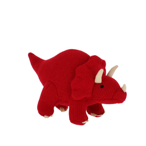 Knitted stuffed red triceratops toy.