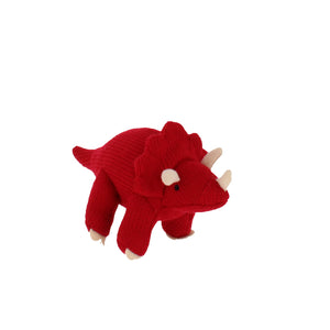 Knitted stuffed red triceratops toy.