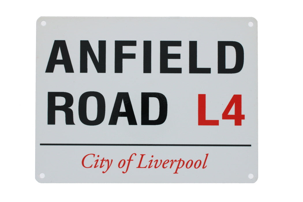 Metal street sign for Anfield Road, with the postcode L4 and 'City of Liverpool' also visible
