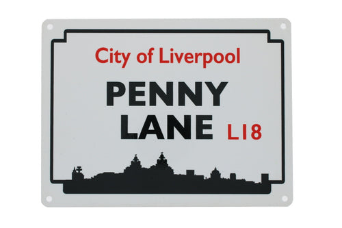 Metal street sign for Penny Lane with the postcode L18 and 'City of Liverpool' also visible