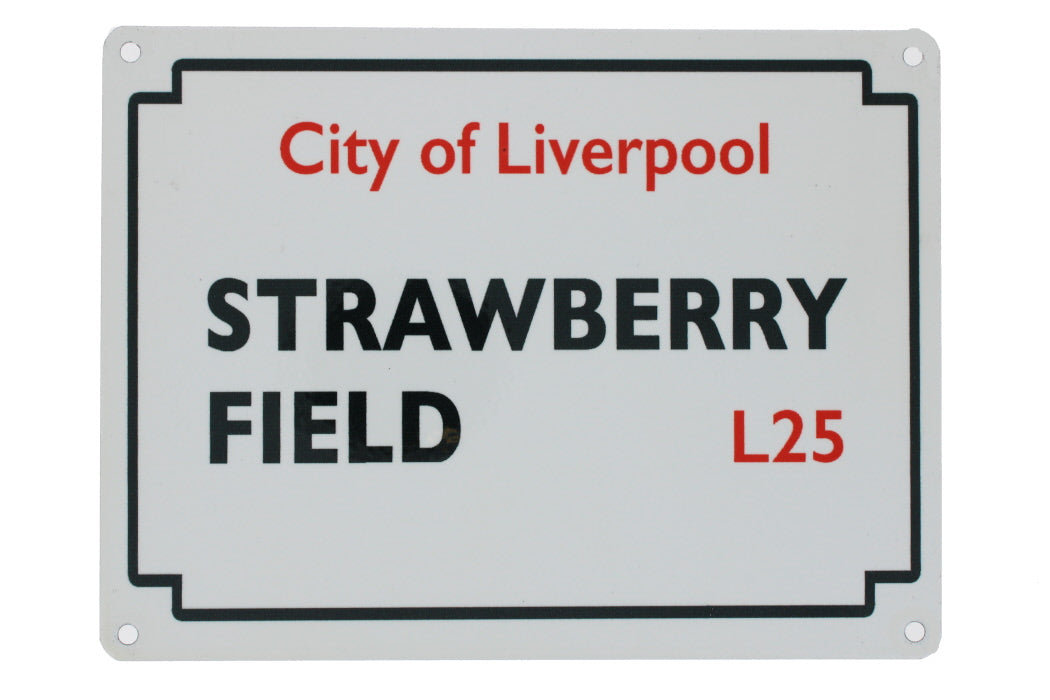 Metal street sign for Strawberry Fields with the postcode L25 and 'City of Liverpool' also visible