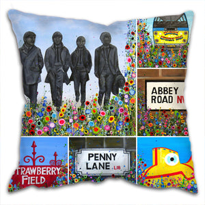 Cushion with a montage of prints of the front, all relating to the Beatles with the same abstract floral design on their border.