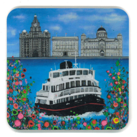 Coaster showing a ferry going across the Mersey in front of the 'three graces' Liverpool buildings.