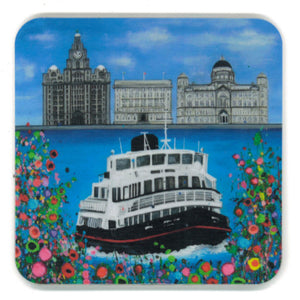 Coaster showing a ferry going across the Mersey in front of the 'three graces' Liverpool buildings.