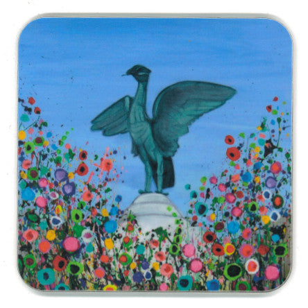 Coaster with a painting of one of the Liver Building's Liver Birds surrounded by abstract flowers.