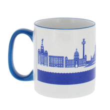 Load image into Gallery viewer, Mug with a Liverpool city skyline panorama and a matching handle in blue.