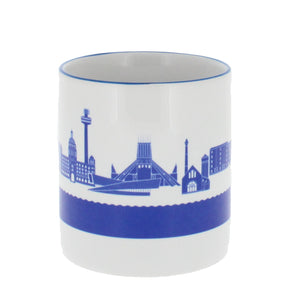 Mug with a Liverpool city skyline panorama and a matching handle in blue.
