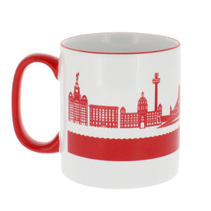 Mug with a Liverpool city skyline panorama and a matching handle in red.