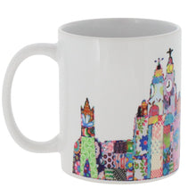 Load image into Gallery viewer, Ceramic mug featuring Liverpool&#39;s skyline in Tula Moon&#39;s distinctive bright patchwork style.