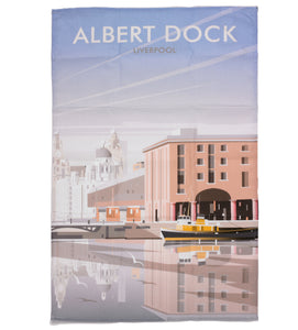 Rectangular tea towel with an illustration of Liverpool's Albert Dock