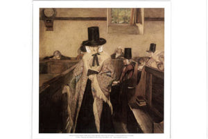 Print of Salem painting, shows an old woman in a bright shawl arriving to a dour church late.