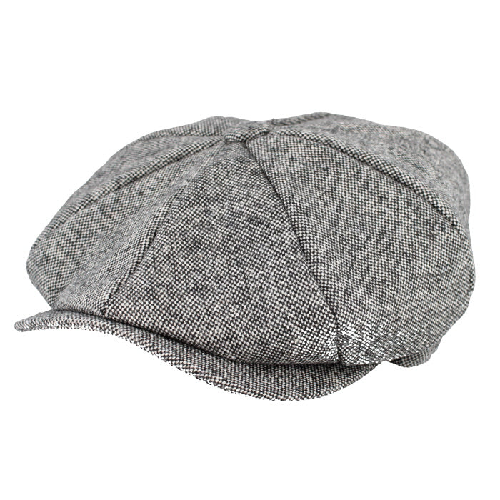 Newsboy style cap in salt and pepper grey fabric