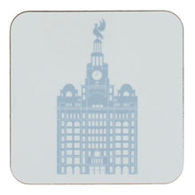 Load image into Gallery viewer, Square coaster with rounded edges showing an illustration of the liver building in light blue on a white background