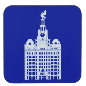 Square coaster with rounded edges showing an illustration of the liver building in white on a blue background