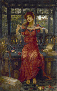 Oh Swallow, Swallow shows a woman in a red dress sat in a room overlooking a garden, surrounded by rich trinkets.