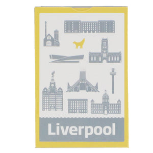 Pack of playing cards, illustrated with Liverpool's skyline in grey and the iconic super lambanana statue in yellow