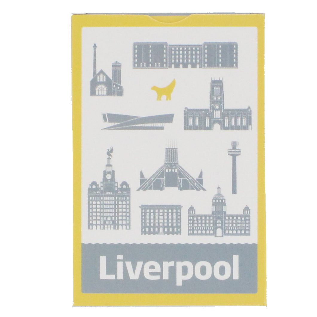 Pack of playing cards, illustrated with Liverpool's skyline in grey and the iconic super lambanana statue in yellow