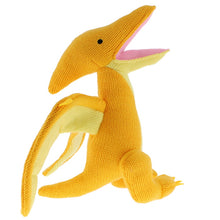 Load image into Gallery viewer, Plush knitted pterosaur dinosaur toy in yellow