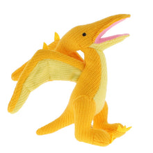 Load image into Gallery viewer, Plush knitted pterosaur dinosaur rattle in yellow