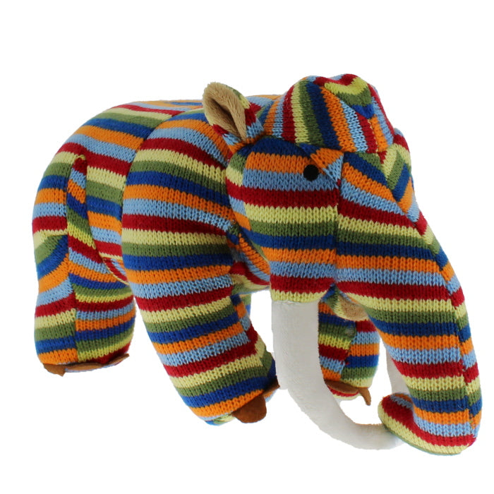 Plush knitted mammoth toy in multi-coloured stripes