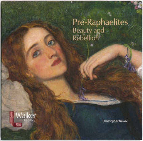 Front cover of Pre-Raphaelites, Beauty and Rebellion featuring a detail of a painting showing a red-headed woman lying and gazing beyond the painter.