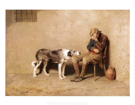 Print of a painting, showing a dog resting its chin on a boy sat with his head in his hands.