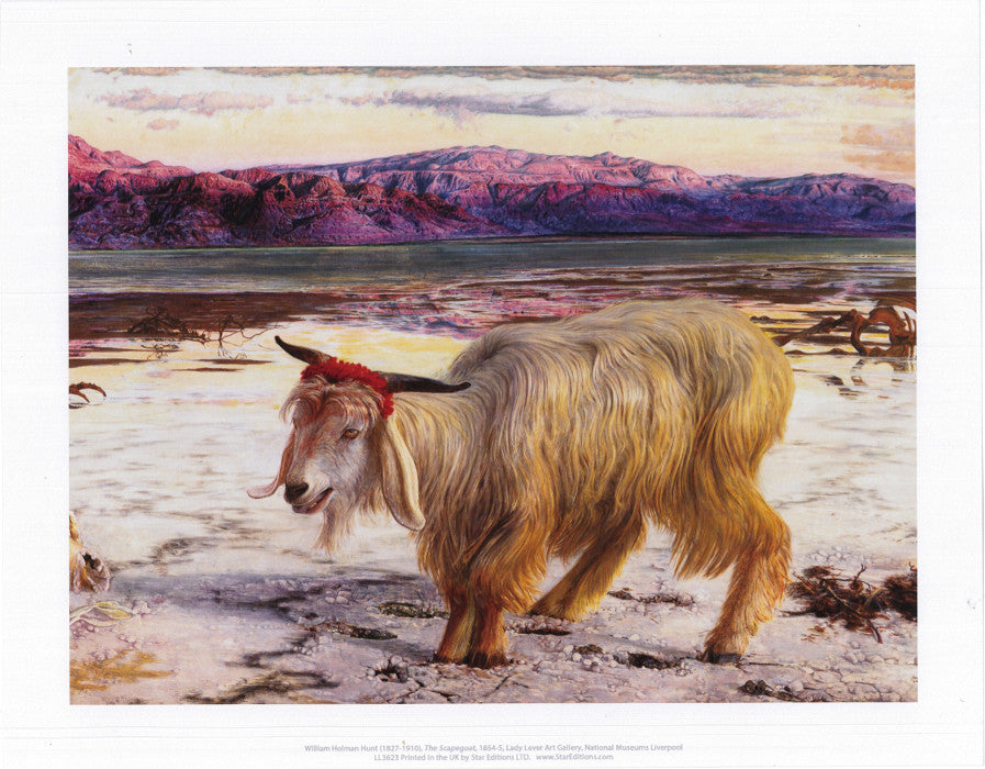 Print showing a goat with a red head dress in a wintery mountain landscape.
