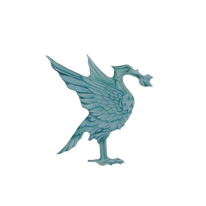 Lapel badge showing a blue-green liver bird