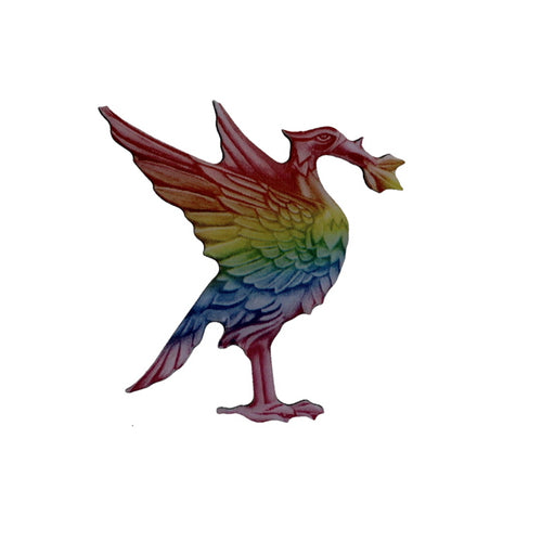 Lapel badge of a rainbow coloured liver bird