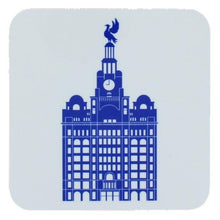 Load image into Gallery viewer, Square coaster with rounded edges showing an illustration of the liver building in blue on a white background
