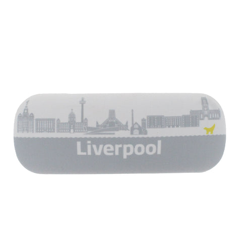 Oblong glasses case with a two colour panoramic illustration of Liverpool's skyline and the Super Lambanana statue picked out in contrasting bright yellow