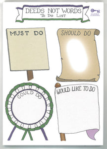 Notepad with suffragette illustrations and section separated to Must Do, Should Do, Could Do, and Would Like To Do