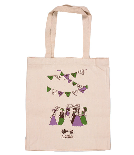 Long handled shopping tote bag with an illustration of suffragette's marching on it.