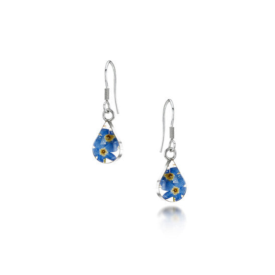 Pair of tear drop earrings with forget me not flowers in clear resin on silver.