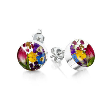 Pair of silver stud earrings with mixed colourful flowers set in resin.